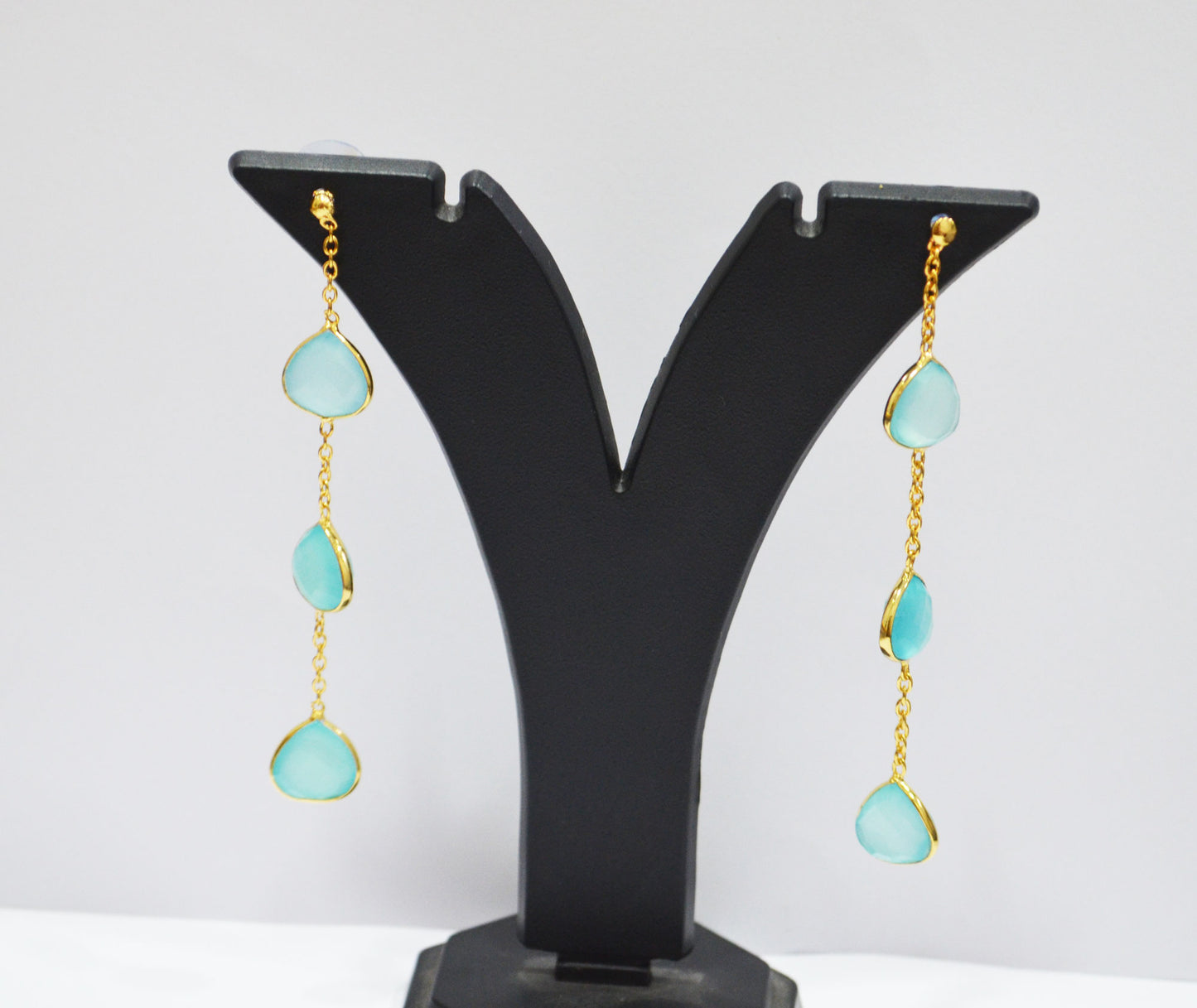 Aqua Chalcedony Fancy Shape Earrings , Aqua Chalcedony Heart Shape Gold Plated Brass Post Earrings , Women Earrings , 11 mm , RB-7456