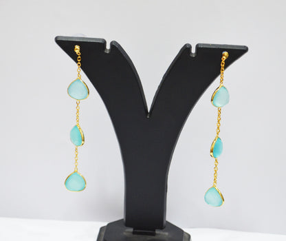 Aqua Chalcedony Fancy Shape Earrings , Aqua Chalcedony Heart Shape Gold Plated Brass Post Earrings , Women Earrings , 11 mm , RB-7456