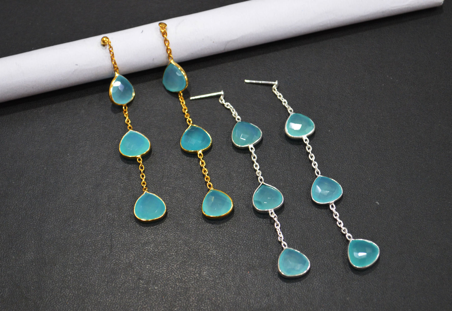 Aqua Chalcedony Fancy Shape Earrings , Aqua Chalcedony Heart Shape Gold Plated Brass Post Earrings , Women Earrings , 11 mm , RB-7456