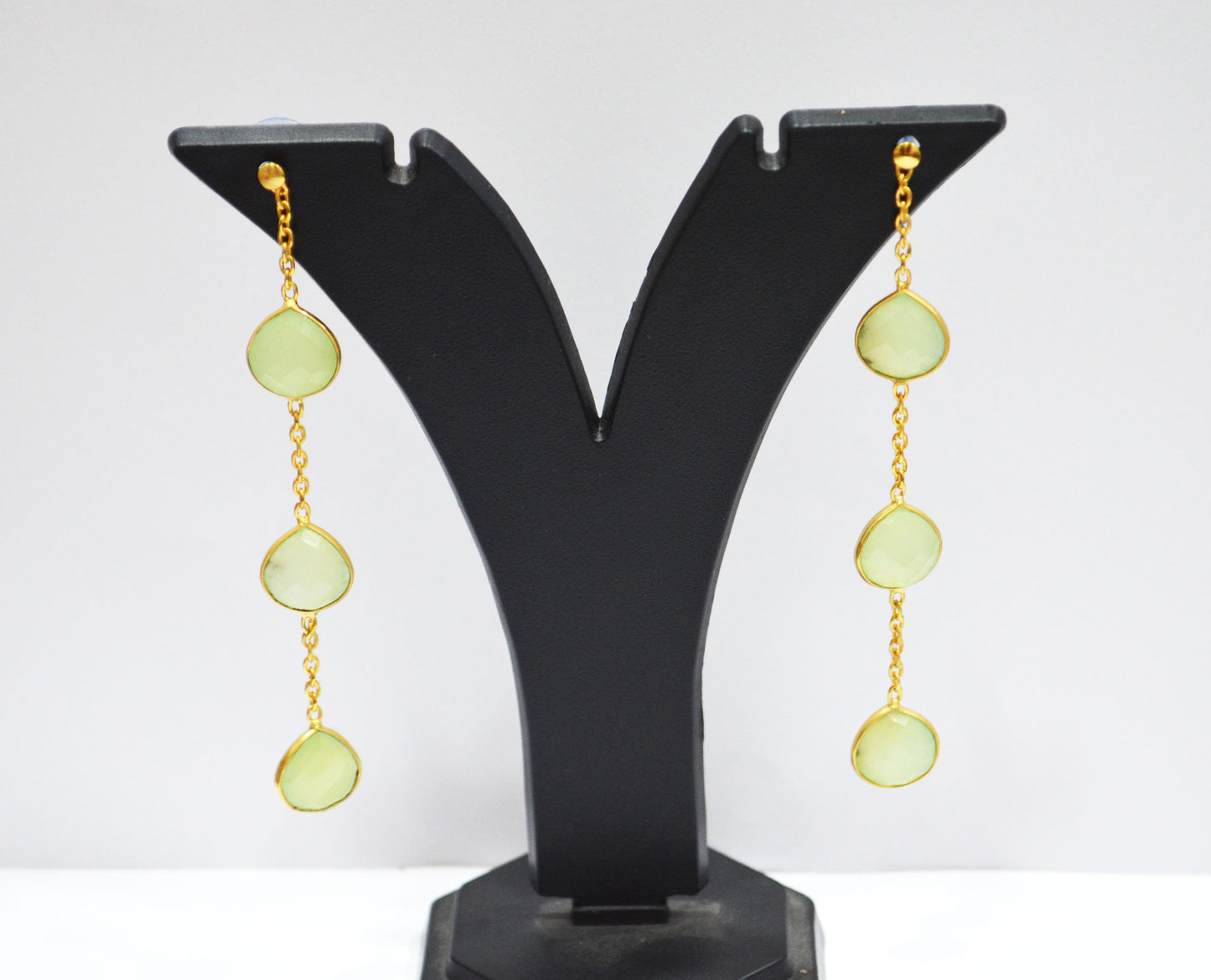 Prehnite Chalcedony Fancy Shape Earrings , Prehnite Chalcedony Heart Shape Gold Plated Brass Post Earrings , Women Earrings , 11 mm , RB-7457