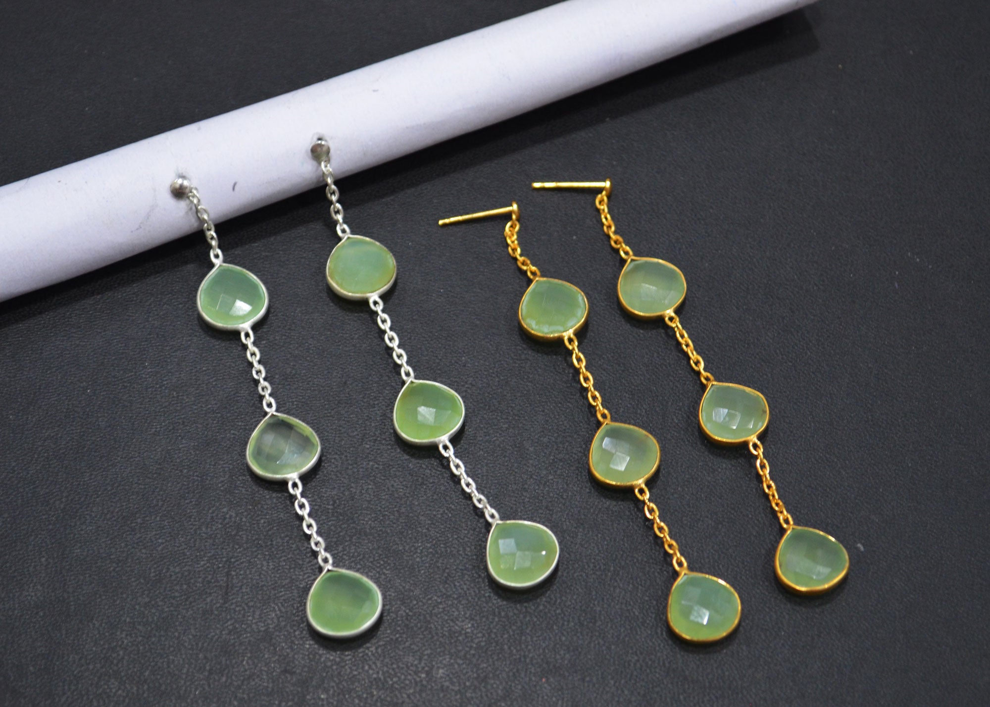 Prehnite Chalcedony Fancy Shape Earrings , Prehnite Chalcedony Heart Shape Gold Plated Brass Post Earrings , Women Earrings , 11 mm , RB-7457