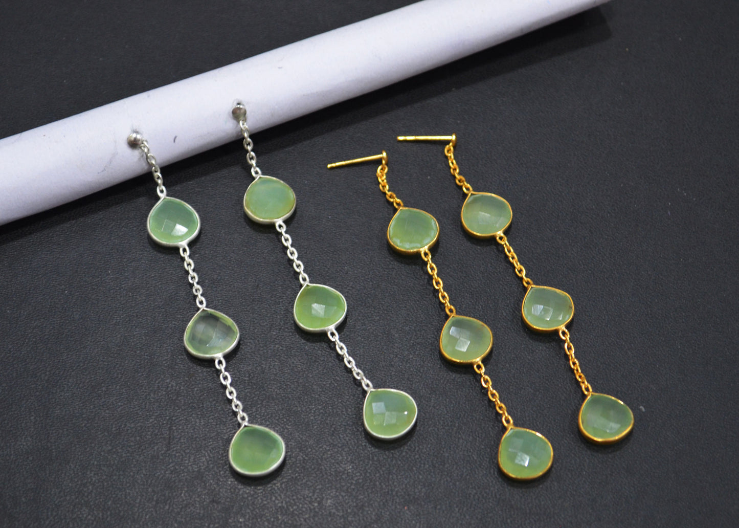 Prehnite Chalcedony Fancy Shape Earrings , Prehnite Chalcedony Heart Shape Gold Plated Brass Post Earrings , Women Earrings , 11 mm , RB-7457