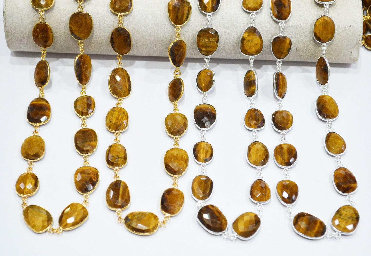 Tiger Eye Faceted Slice Shape Connector Chain , 13x16 - 15x20 mm , RB-7459