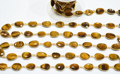 Tiger Eye Faceted Slice Shape Connector Chain , 13x16 - 15x20 mm , RB-7459