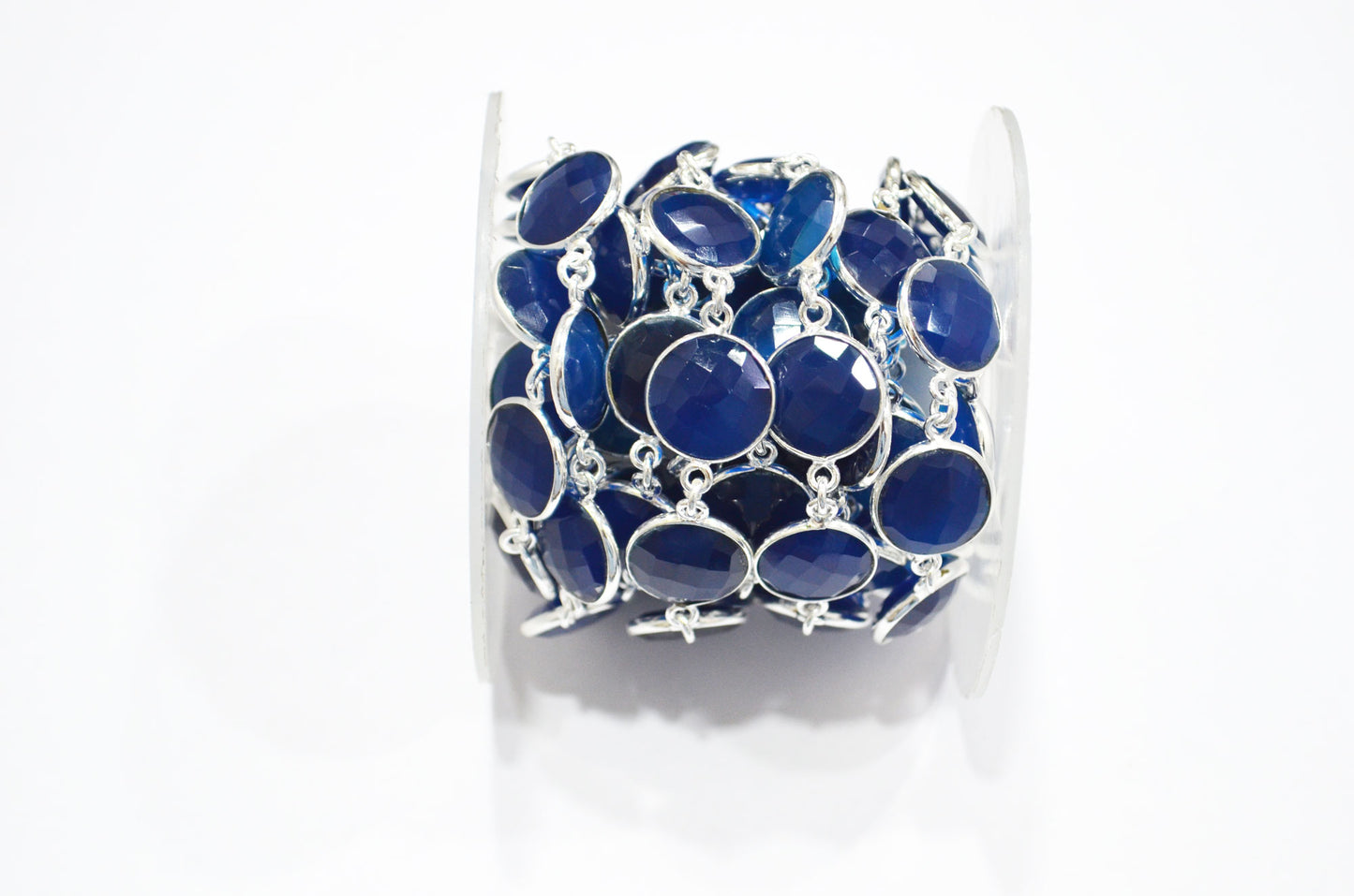 Sapphire Chalcedony Faceted Coin Shape Connector Chain , 14 mm , RB-7460
