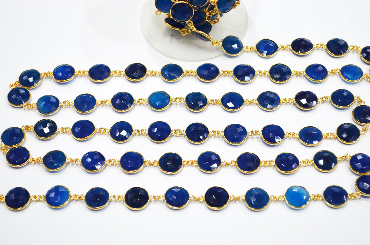 Sapphire Chalcedony Faceted Coin Shape Connector Chain , 14 mm , RB-7460