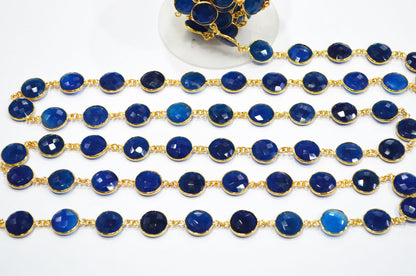 Sapphire Chalcedony Faceted Coin Shape Connector Chain , 14 mm , RB-7460