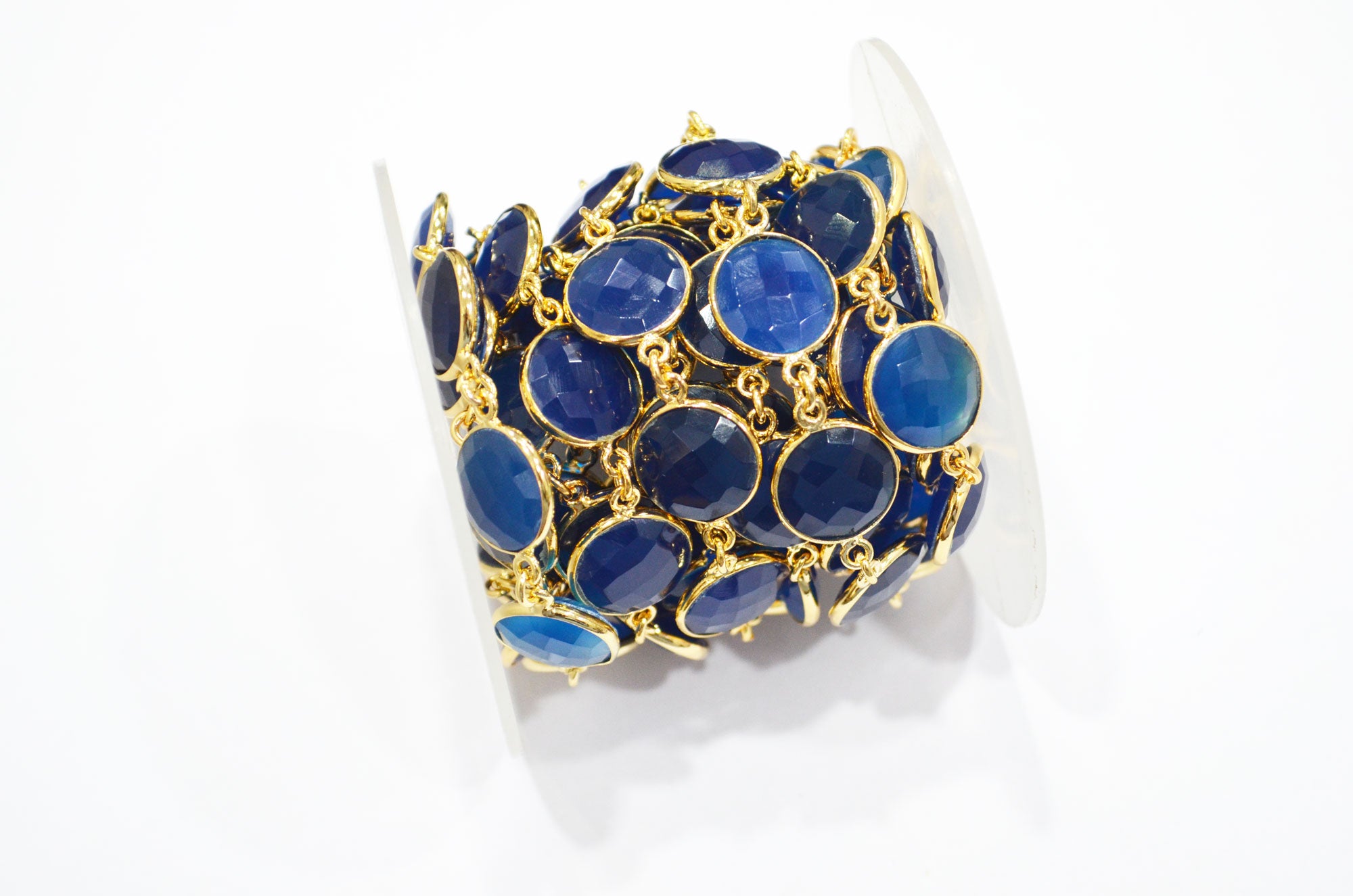 Sapphire Chalcedony Faceted Coin Shape Connector Chain , 14 mm , RB-7460