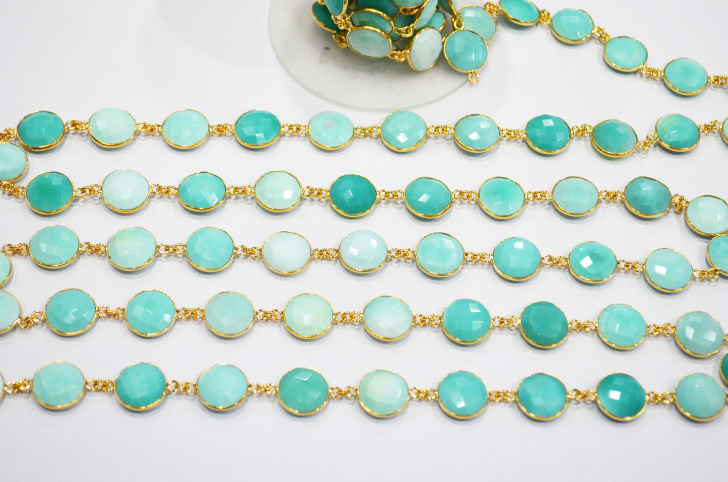Peru Chalcedony Faceted Coin Shape Connector Chain , 14 mm , RB-7461