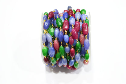 Multi Color Dyed Quartz Barrel Shape Rosary Beaded Chain , 6x11 - 8x15 mm , RB-7464