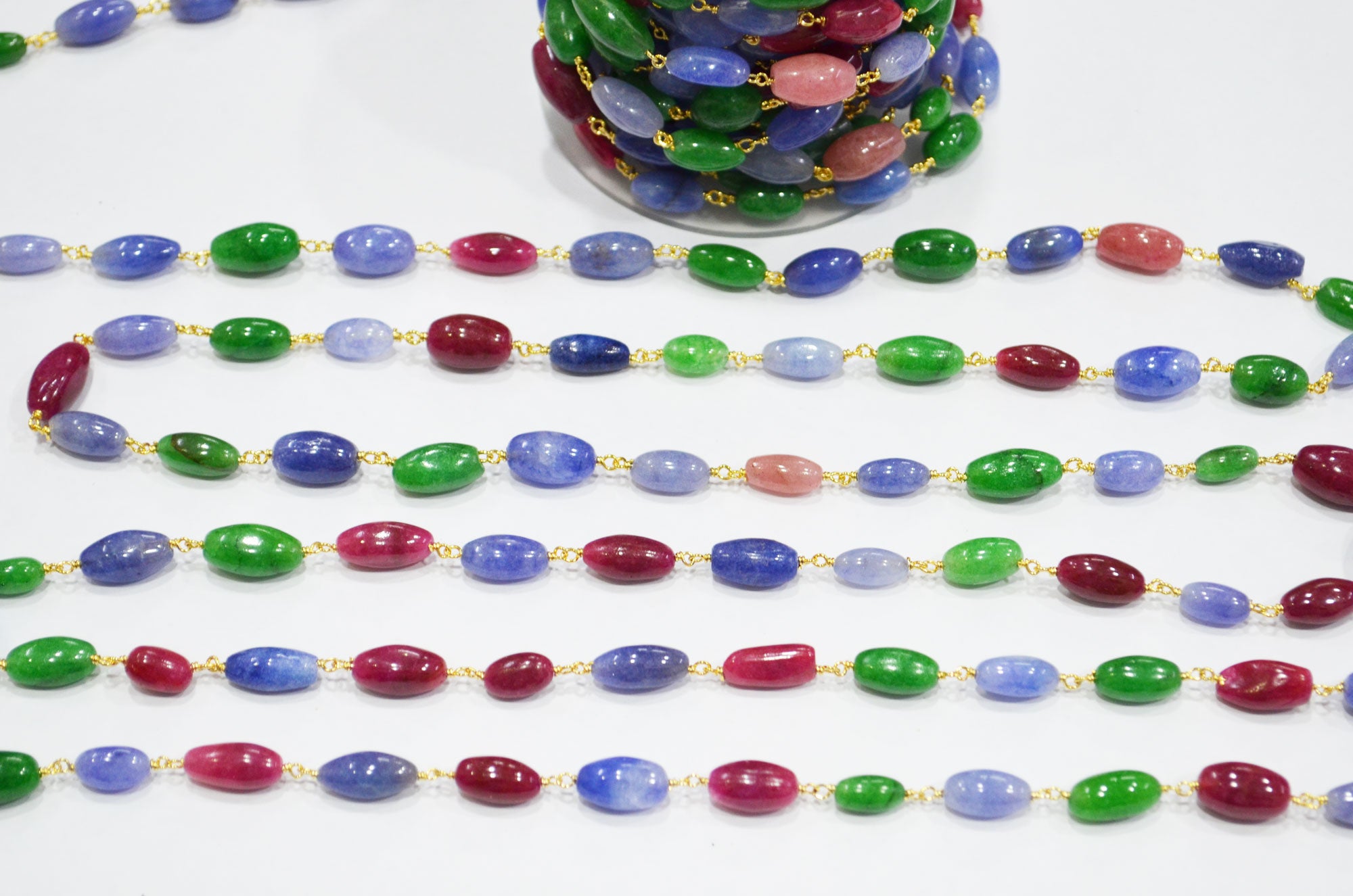 Multi Color Dyed Quartz Barrel Shape Rosary Beaded Chain , 6x11 - 8x15 mm , RB-7464