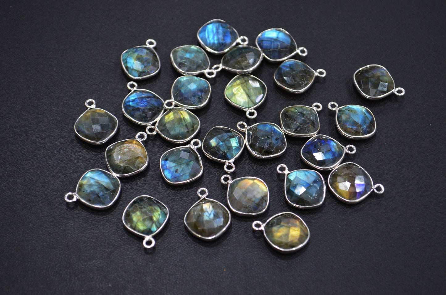 Flashy Labradorite Faceted Flat Dew Drops Shape Single Bail Connector , Sold By Piece , 14 - 15 mm , RB-7470