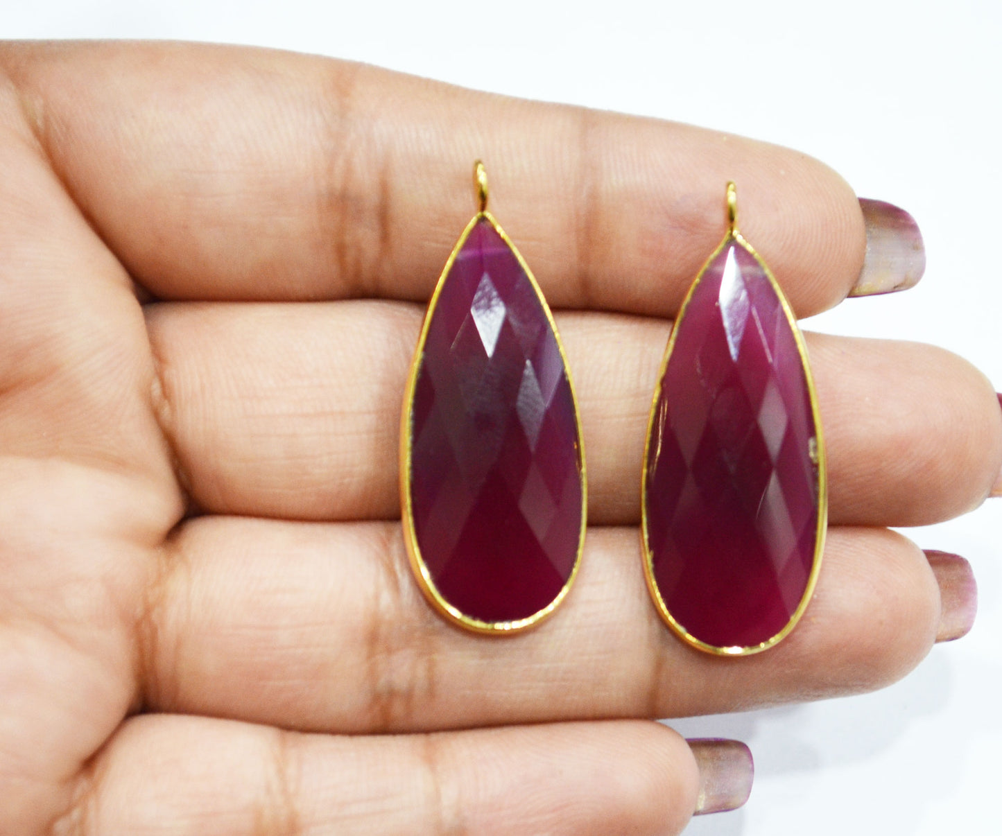 Ruby Color Chalcedony Faceted Pear Shape Connector , Sold By Piece , 15x33 mm , RB-7523