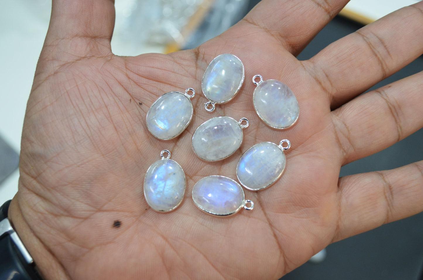 Rainbow Moonstone Smooth Cabochon Oval Single Bail Bezel Connector,12x16 mm ,RB-7560