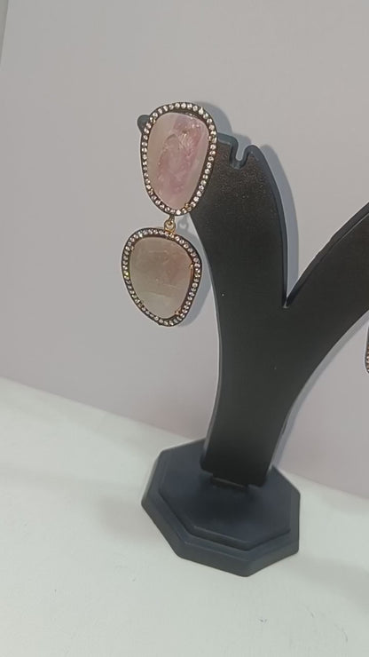 92.5 Sterling Silver Gray And Baby Pink Sapphire Faceted Fancy Shape Earring , Gray And Baby Pink Sapphire With Pave Cubic Zirconia Earring , 58 mm , E-067