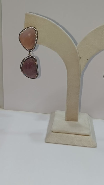 92.5 Sterling Silver Pink And Purple Sapphire Faceted Fancy Shape Earring , Pink And Purple Sapphire With Pave Cubic Zirconia Earring , 58 mm , E-022