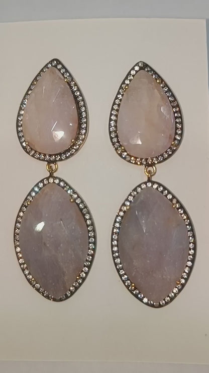 92.5 Sterling Silver Lavender And Baby Pink Sapphire Faceted Fancy Shape Earring , Lavender And Baby Pink Sapphire With Pave Cubic Zirconia Earring , 62 mm , E-066